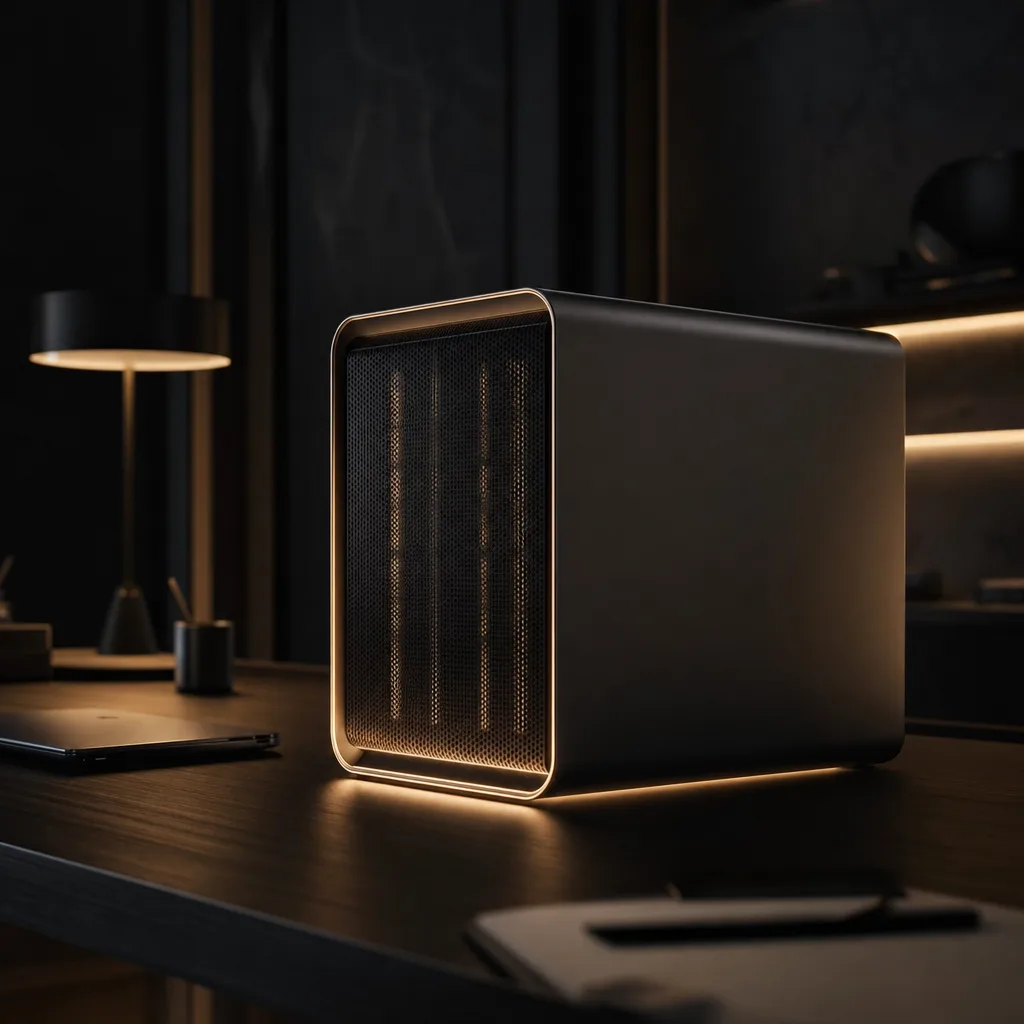 Een sleek AI-compute-apparaat met bronzen randlicht op een donker bureau — een datacenter op je bureau